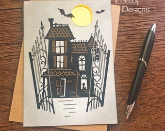 Halloween Card / Haunted House Card / Die Cut Spooky Halloween Card / All Hallows Eve / October 31 Stationery
