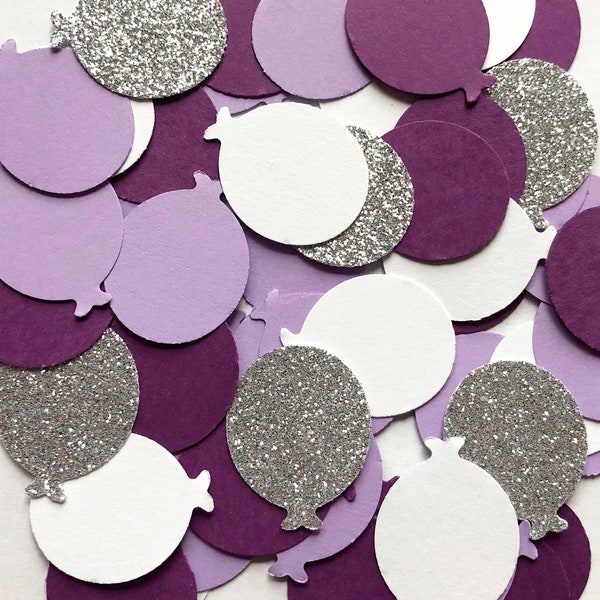 Balloon Confetti / Girl Glitter Birthday / Wedding or Baby Shower Confetti / Purple, Silver & White Table Scatter