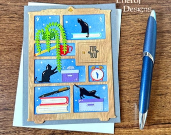 Cat Birthday Card / Book Lover Birthday / Make a Wish / Birthday Party / Blank Card / Birthday Stationery
