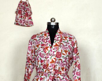 Katoenen katoenen kimono met handblokprint vrouw kamerjas kimono