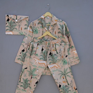 Hand Block Printed Cotton Pajama Set: Indian Animal Print Nightwear