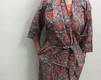 Handgemaakte katoenen kimono met blokprint, strandkleed