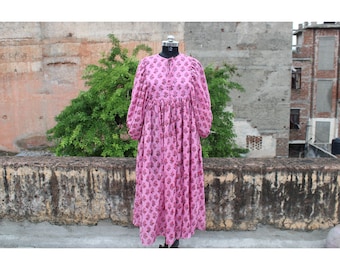 Hand Block Print Cotton Wrap Dress: Indian Floral Office Wear dress.