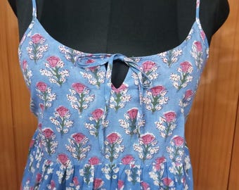 Hand Block Print Cotton Dress: Indian Floral Sleeveless Summer Dress