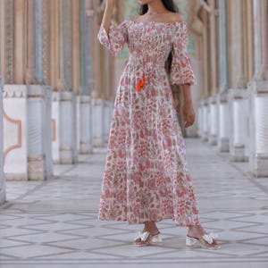 Indian handmade cotton long dress/woman personalized bride wedding gift/woman stylish off the shoulder floral print dress/girl birthday gift