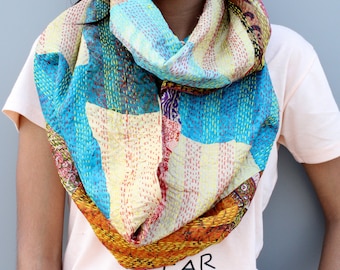 Vintage zijden kanten sjaal: handgemaakte patchwork sari-stola