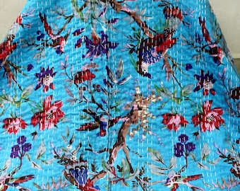 Indian Print Kantha Quilt: homemade Floral Cotton Throw Blanket