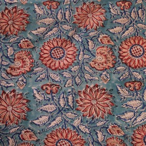 May include: A fabric featuring a repeating floral pattern. Large, stylised flowers in coral and peach tones are set against a teal background. Blue and white leaf details complete the vibrant textile design.