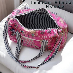 Boho Chic Cotton Quilted Fullsize Duffle Schultertasche Baumwolle Handprint Floral Umweltfreundliche nachhaltige Tasche, Yoga Shopping Beach Tragetaschen