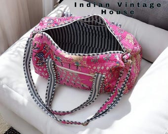 Boho Chic Cotton Quilted Fullsize Duffle Shoulder Bag Cotton Handprint Floral Eco friendly Sustainable bag, Yoga Shopping Beach Carry Bags