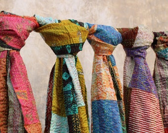 Handmade Silk Patchwork Kantha Scarf: Reversible Vintage Shawl
