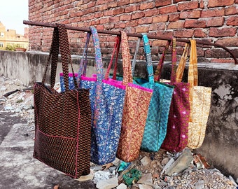 Indian hand block silk fabric marketing shopping bag floral printed reversible quilted bag personalized gift carry bag gift for her sale,