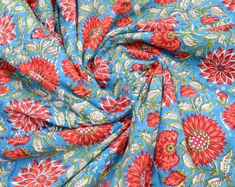 Floral Hand Block Printed Cotton Fabric: Blue boho dress making fabric.