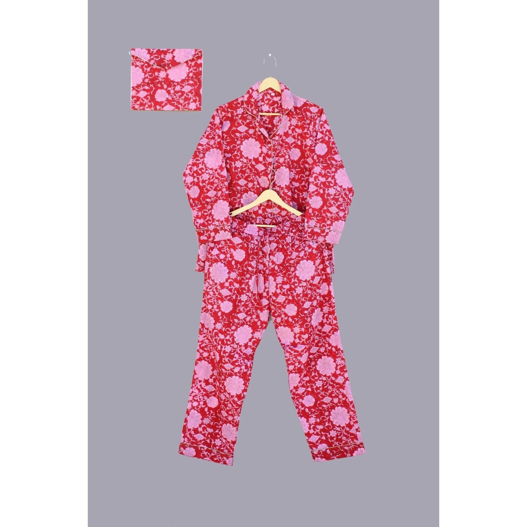 Pink Floral Women's Pajama Set Featuring a Long-sleeved Button-up Top ...