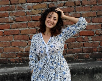 Hand Block Printed Cotton Wrap Dress: Indian Floral dress