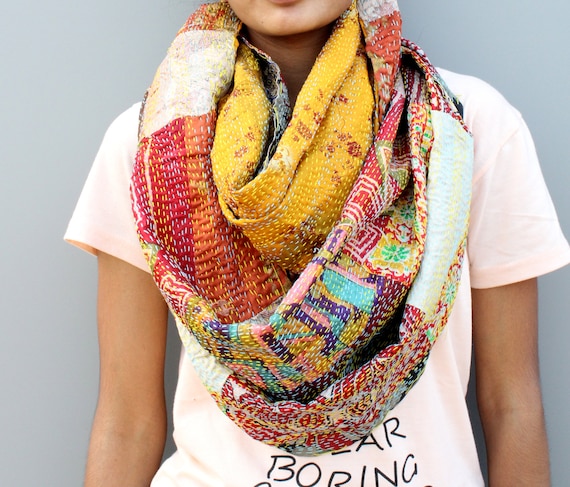 Handmade Kantha Scarf: Indian Patchwork Round Scarf