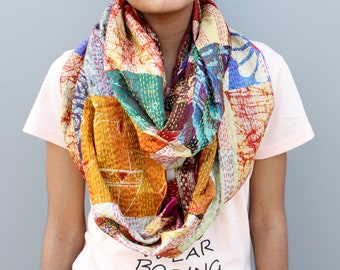 Vintage Indian Silk Kantha Scarf: Handmade Patchwork Round Wrap