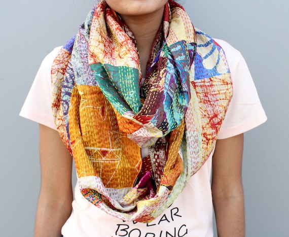 Vintage Indian Silk Kantha Scarf: Handmade Patchwork Round Wrap