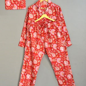 Indian hand block cotton floral printed long pajama set, morning work out summer wear pajama, matching two piece set, gift for her on sale,