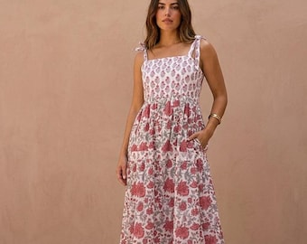 Hand Block Print Cotton Dress: Adjustable Strap Floral Sundress