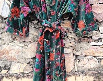 Handmade Floral Velvet Kimono Robe | Reversible Boho Duster Coat.