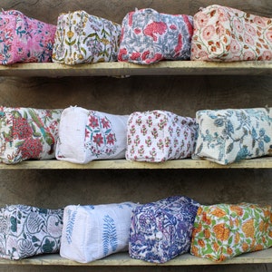 Grande borsa per il trucco trapuntata in cotone con stampa a blocchi / Borsa a marsupio fatta a mano / Borsa da toeletta / Borsa per cosmetici Organizer da viaggio Borsa per accessori Regalo per lei