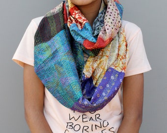 Vintage Silk Patchwork Kantha Scarf: Handmade Reversible Wrap