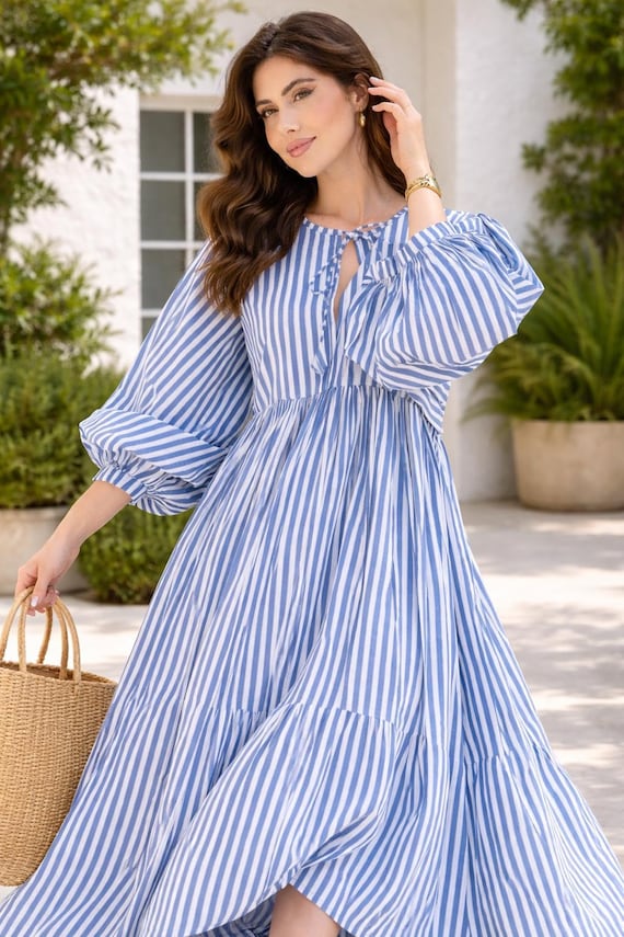 Blue Striped Cotton Maxi Dress, Boho Summer Beach Flowy Casual Long Sleeve Tiered Silhouette