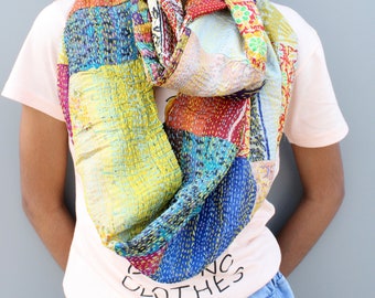 Vintage Silk Kantha Scarf: Reversible Patchwork Stole, Handmade