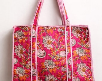 Quilted Floral Cotton Tote Bag: Pink Cotton Block Print Bag, Everyday Shopper.
