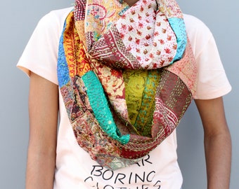 Handmade Indian Kantha Silk Scarf: Vintage Patchwork Round Scarf