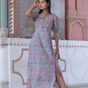 Indian handmade cotton printed long dress, summer wear girl birthday party wear dress, sustainable Eco Friendly Fashion dress gift for her,