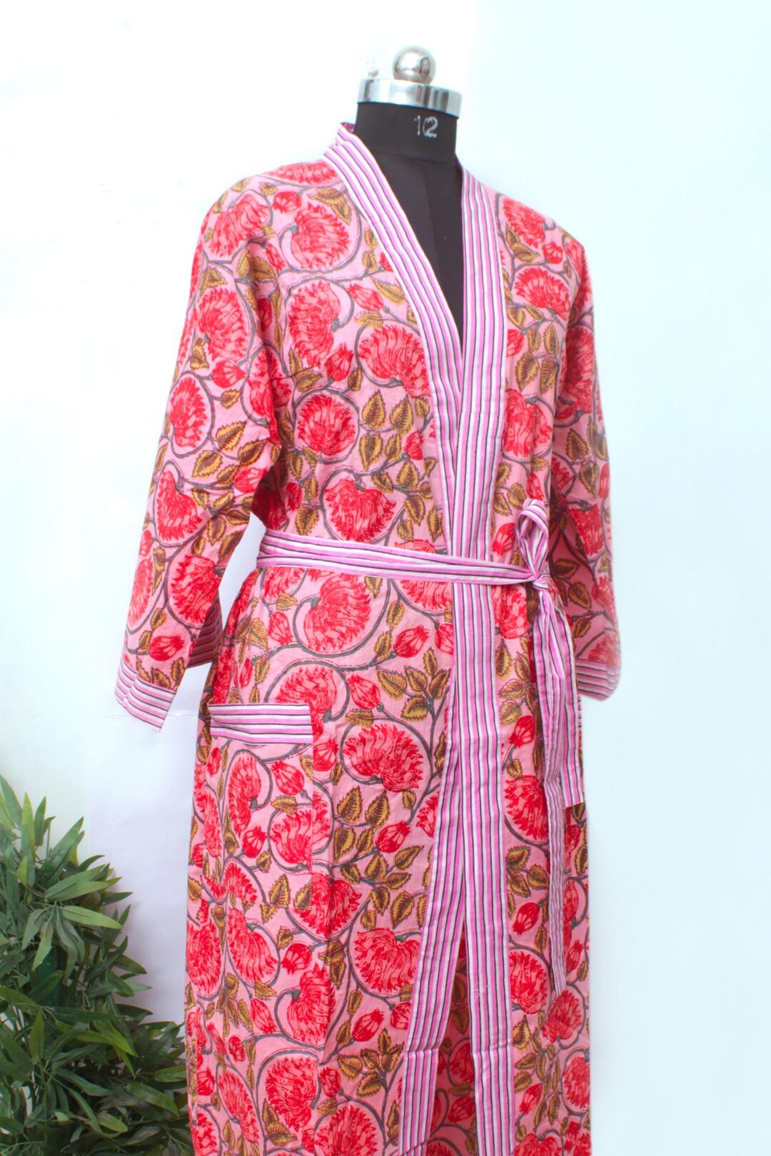 Pink Floral Cotton Kimono Robe, Hand Block Print Bathrobe, Bridesmaid ...