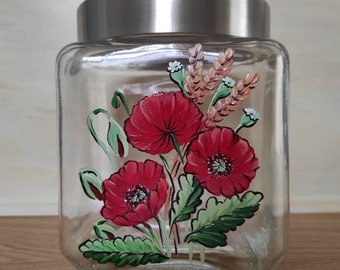 Hand painted 40 Oz glass jar with poppies, Housewarming, Poppy jar, Storage container, Kitchen decoration, decor, Mother's day, Birthday