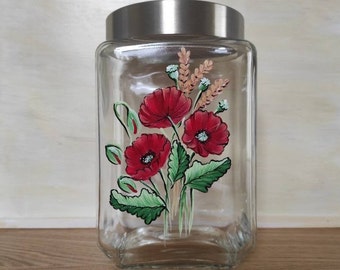 Big glass jar with poppies, Housewarming, Birthday, Poppy jar, Storage container 56 Oz, Hand painted, Handpainted, Kitchen decoration, decor