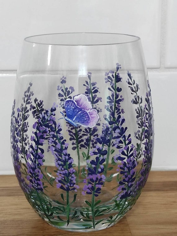 Hand Painted Lavender Flower Stemless Wine Glasses - Set of 4 - 15 ounce