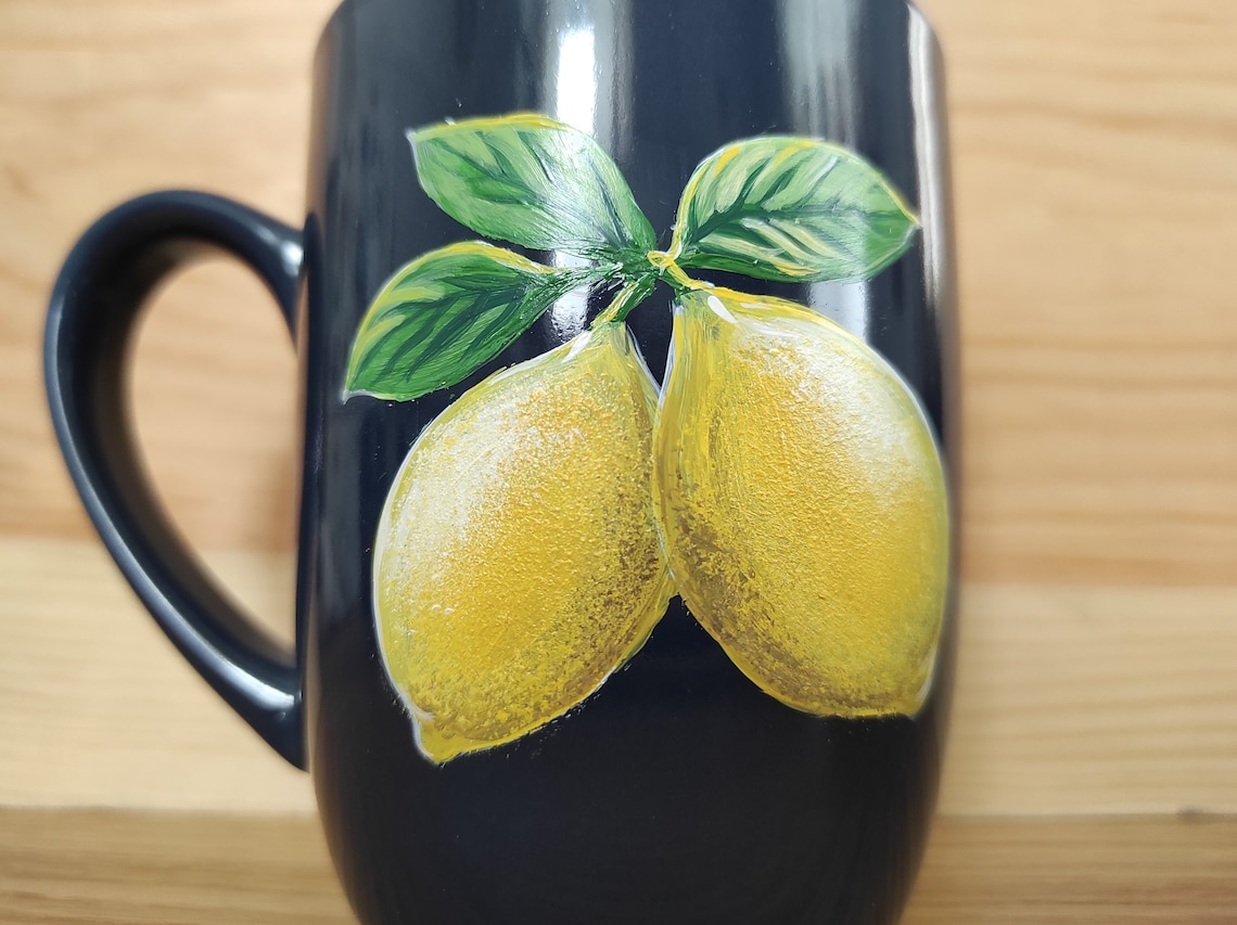 Lemon Mug Blue Cup With Yellow Lemons Hand Painted 12 Oz Etsy UK