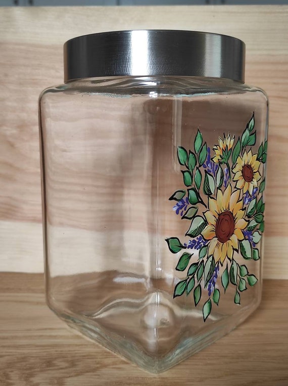 Big, Hand Painted, Glass Jar With Sunflowers Housewarming Birthday  Sunflower Jar Glass Storage Container Sunflowers Hand Painted 