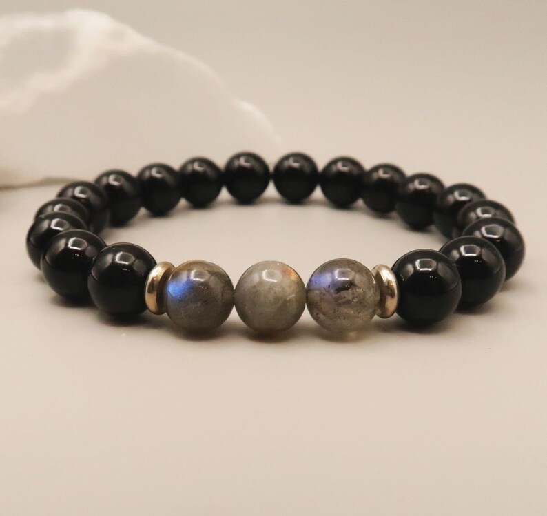 Celestial Labradorite and Black Onyx Canadian Gift Courage Canada Mala Bracelet Labrador Strength Creativity