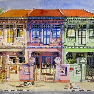 Peranakan Houses in Singapore. Giclee Print from original watercolour painting. Joo Chiat Koon Seng Conservative Heritage Historical