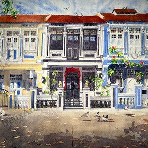 Colourful Houses in Singapore, Martaban Road. Giclee Print from Original Watercolour Painting. Peranakan. Pre-war Buildings.