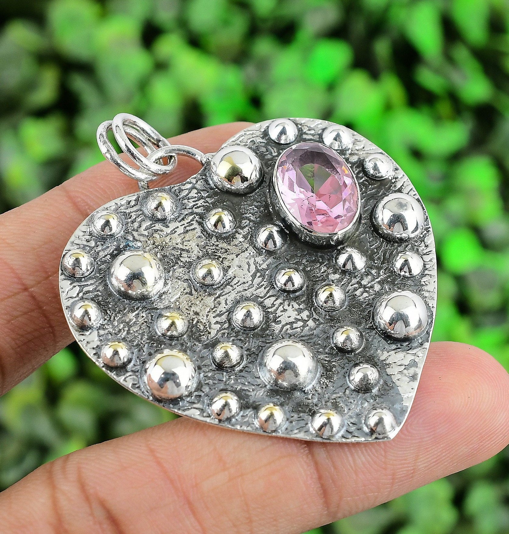 Ciondolo Artigianale In Argento 925 Con Pietra Cuore Di Kunzite Rosa - Gioiello Fatto A Mano India