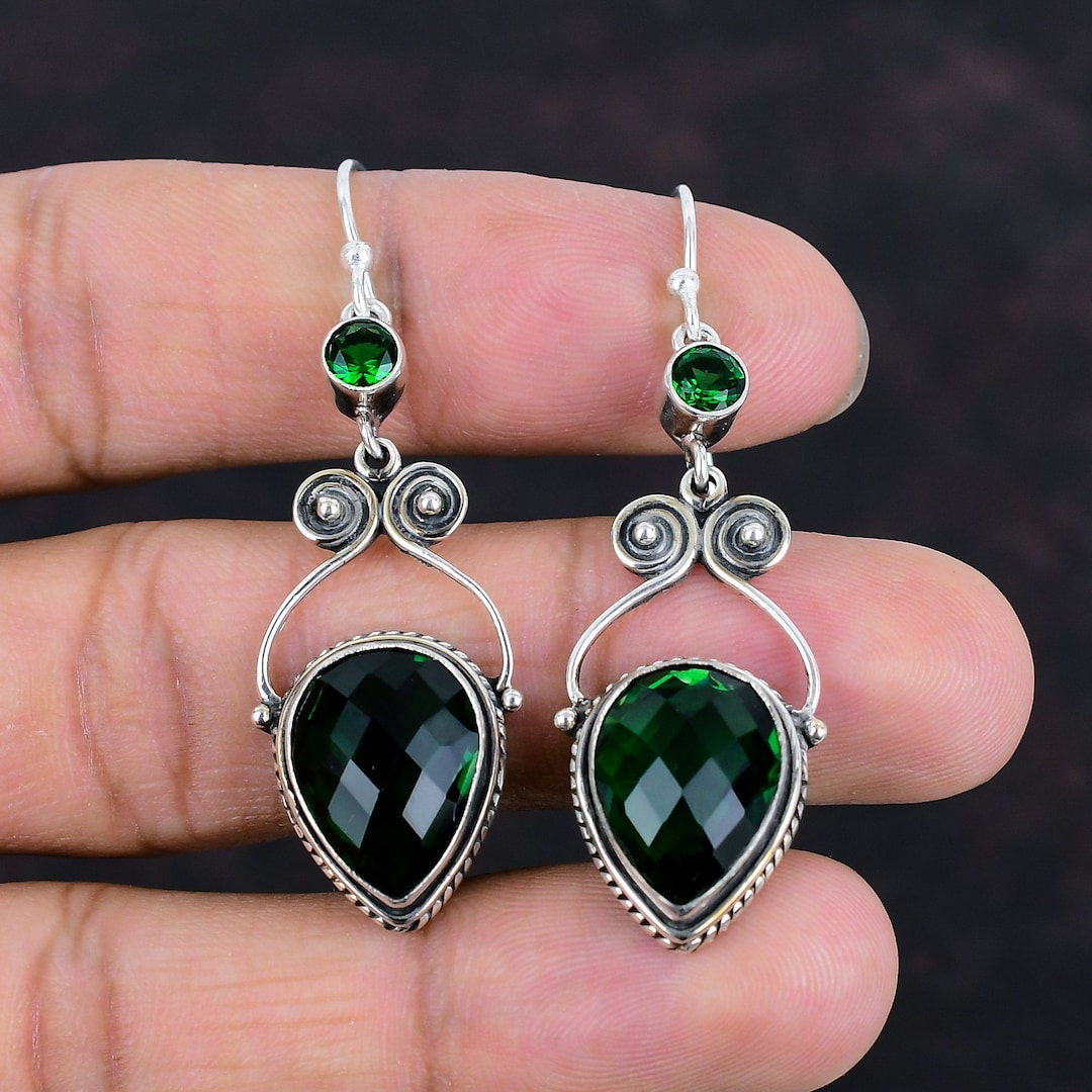 Boucles D'oreilles Pendantes En Argent 925 Avec Pierre Chromo Diopside Verte - Occasion Très Bon état