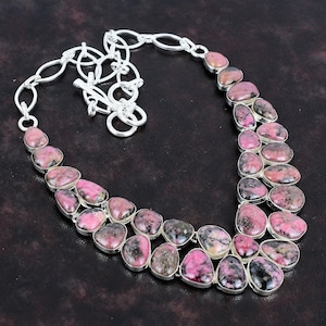 Rhodonite Crystal Necklace, 925 Sterling Silver Jewelry, Rhodonite Jewelry For Women, Silver Gemstone Necklace, Gift For Her