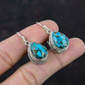 Blue Copper Turquoise Gemstone Earring Handmade Silver Earring Turquoise Silver Earring Valentine's Gift Earring Blue Copper Turquoise
