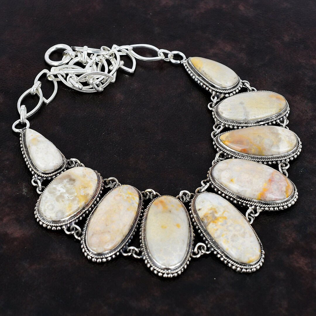 Fossil Coral Necklace 925 Sterling Silver Necklace Adjustable Chain