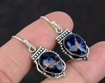 Boucle d'oreille de sodalite en pierre précieuse faite main Boucle d'oreille en argent sodalite Boucle d'oreille en argent sterling 925 Cadeau pour elle