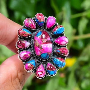 Turquoise Ring Natural Kingman Pink Dahlia Turquoise Multi Coloured Turquoise Natural Pink Spiny Oyster Sterling Silver Ring Handmade Ring