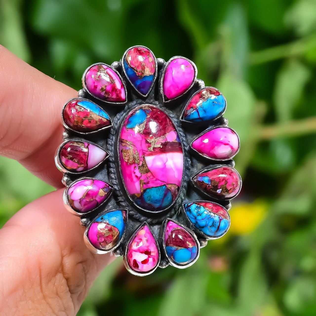 Handmade Sterling Silver Ring: Kingman Turquoise & Pink Spiny