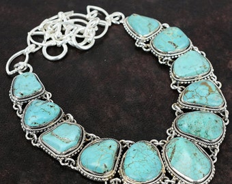 Handmade Tibetan Turquoise Necklace: Raw Stone Silver Necklace, 18”